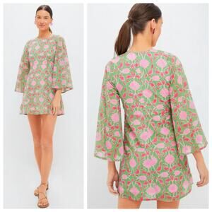 SZ Blockprints Floral Mini Dress Pink Green Block Print Boho Shift L NWT